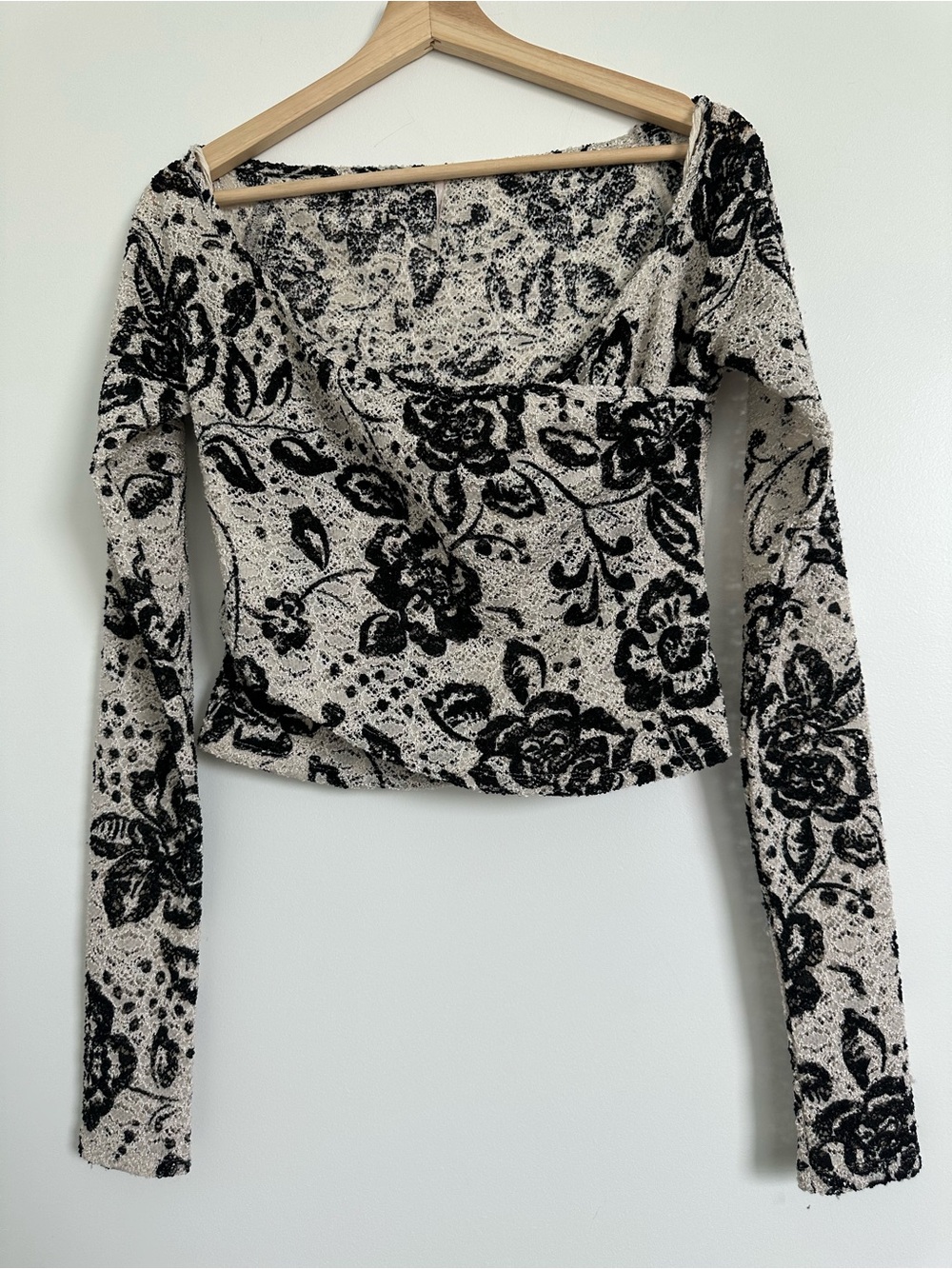 Free People Black & Cream Floral Lace Crop Top